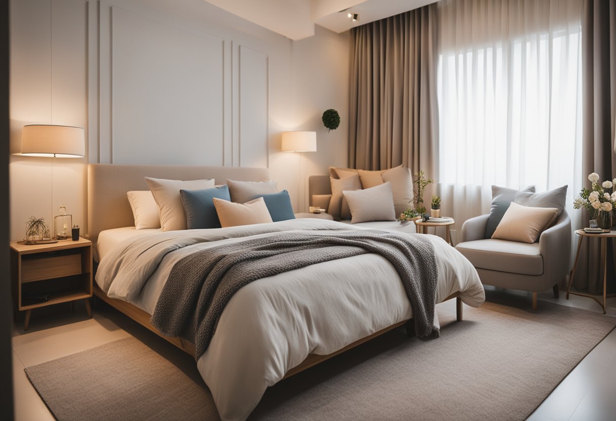 A cozy 4-room HDB bedroom with a neutral color palette, soft lighting, and personalized decor. A comfortable bed with plush pillows and a throw blanket, a small desk with a stylish chair, and a cozy reading nook with a floor lamp