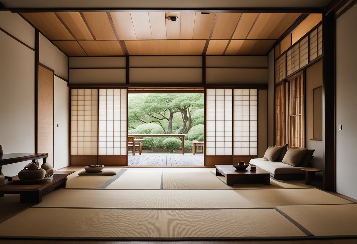 A serene Japanese interior with clean lines, minimalistic furniture, and traditional elements like sliding doors and tatami mats. Subtle use of natural materials and neutral colors creates a harmonious and tranquil atmosphere