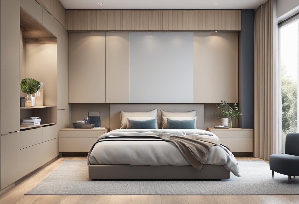 A modern bedroom with sleek, built-in cupboards, featuring clean lines and minimalistic design. The cupboards are a combination of open shelving and closed storage, with a neutral color palette