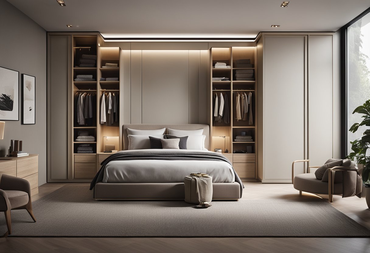 A king-sized bed with built-in storage, a cozy reading nook, and a sleek, space-saving wardrobe. A neutral color palette and minimalistic decor create a calming and functional atmosphere