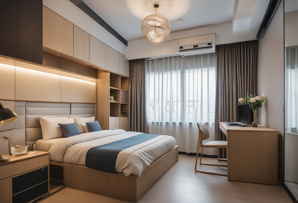 A cozy 4-room HDB bedroom with a minimalist design, featuring a queen-sized bed, built-in wardrobe, and a study desk by the window