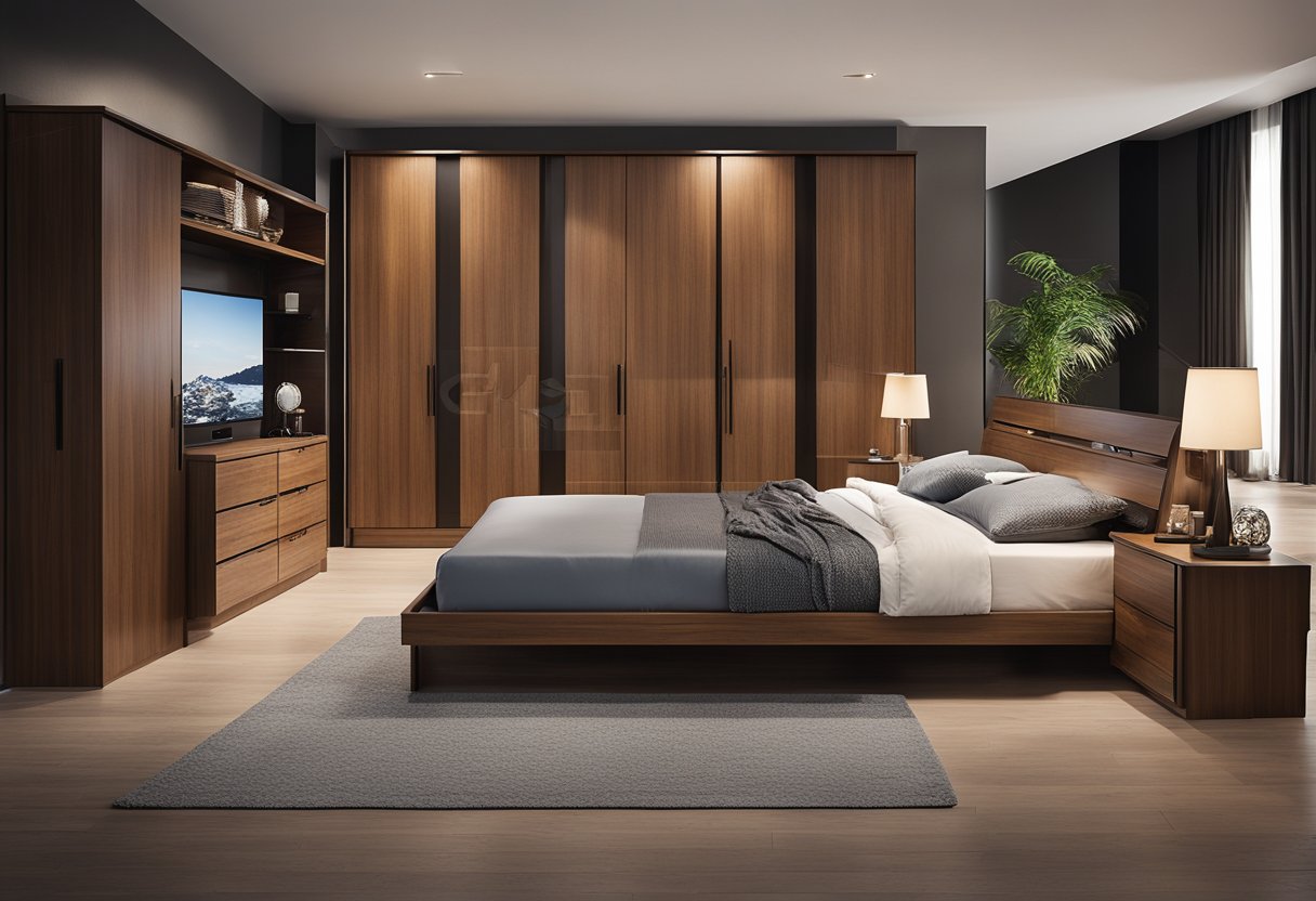 A wooden bedroom set with sleek, modern lines and functional features like built-in storage and adjustable lighting