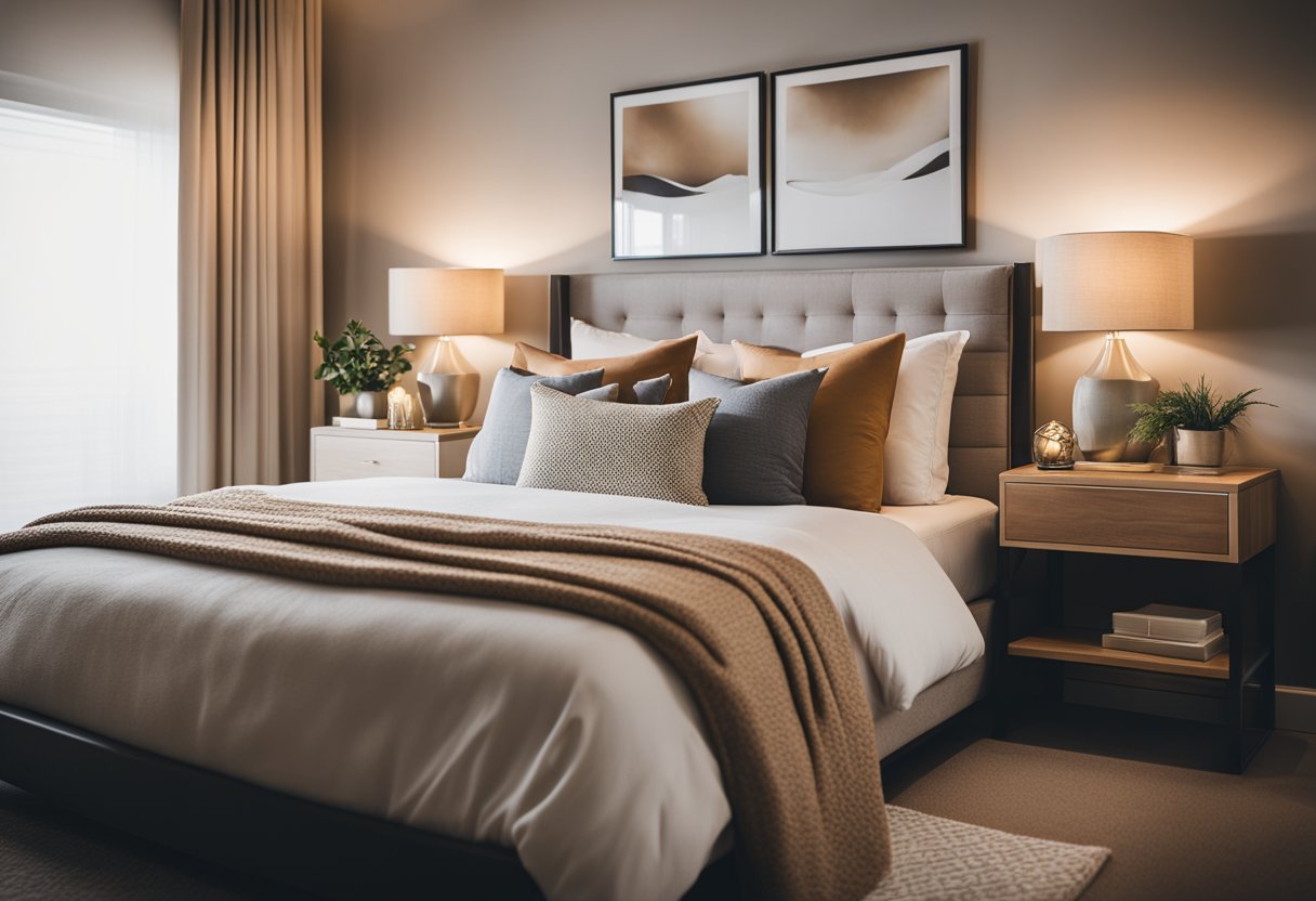 A cozy bedroom with a king-sized bed, soft lighting, and matching nightstands. A neutral color palette with pops of warm tones creates a welcoming and romantic atmosphere