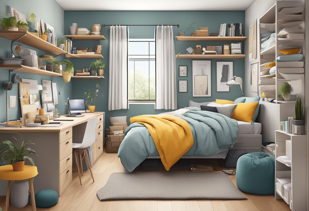 A cluttered bedroom with a variety of storage solutions, including built-in cupboards, shelves, and under-bed storage