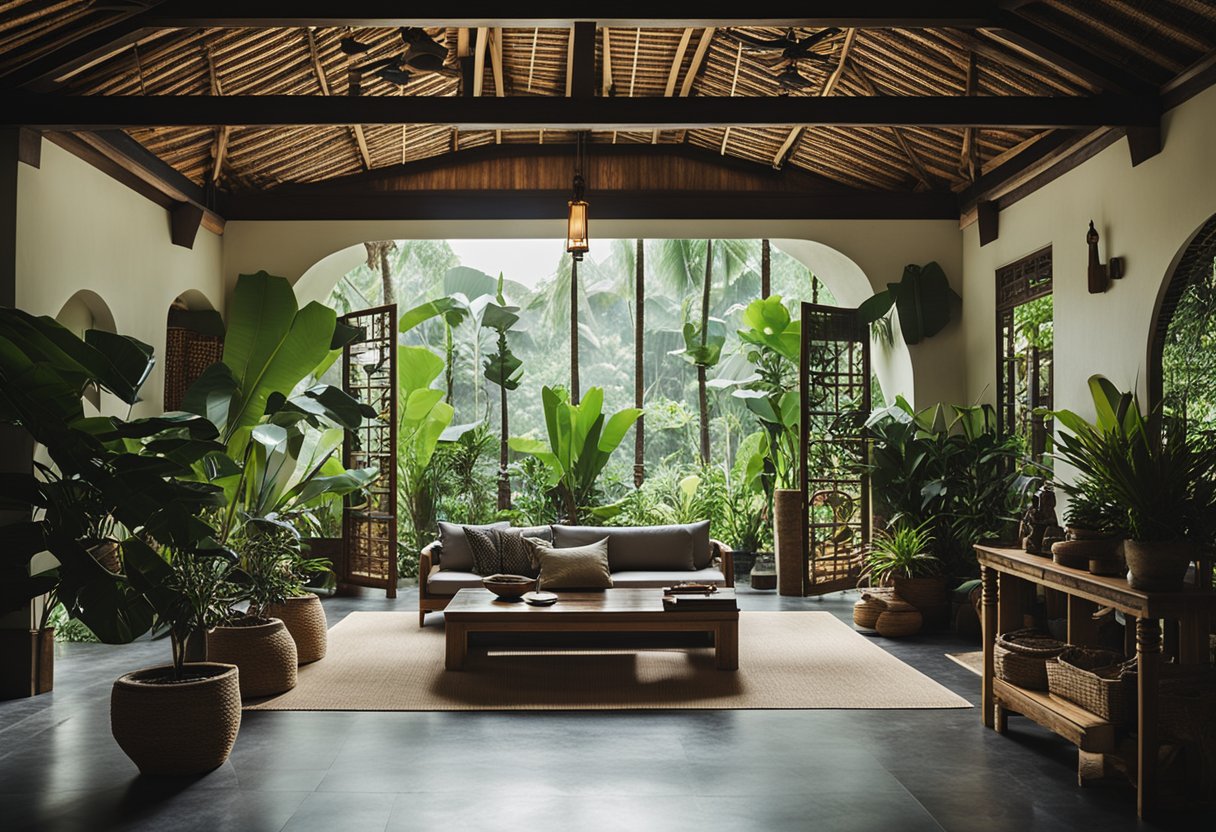 A spacious Bali interior design studio with natural light, tropical plants, and traditional Balinese decor