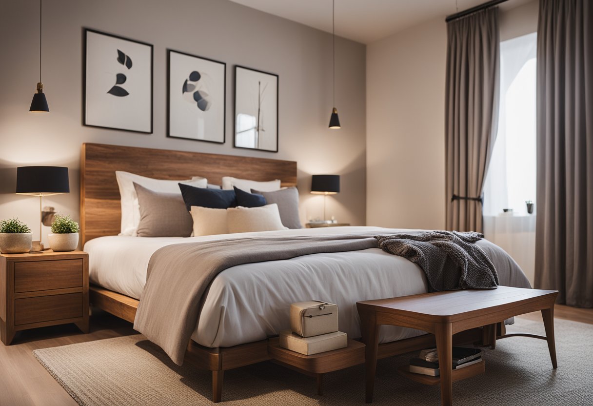 A cozy bedroom with a wooden bed, nightstand, and dresser. The room is well-lit with a soft, warm glow and neatly arranged furniture