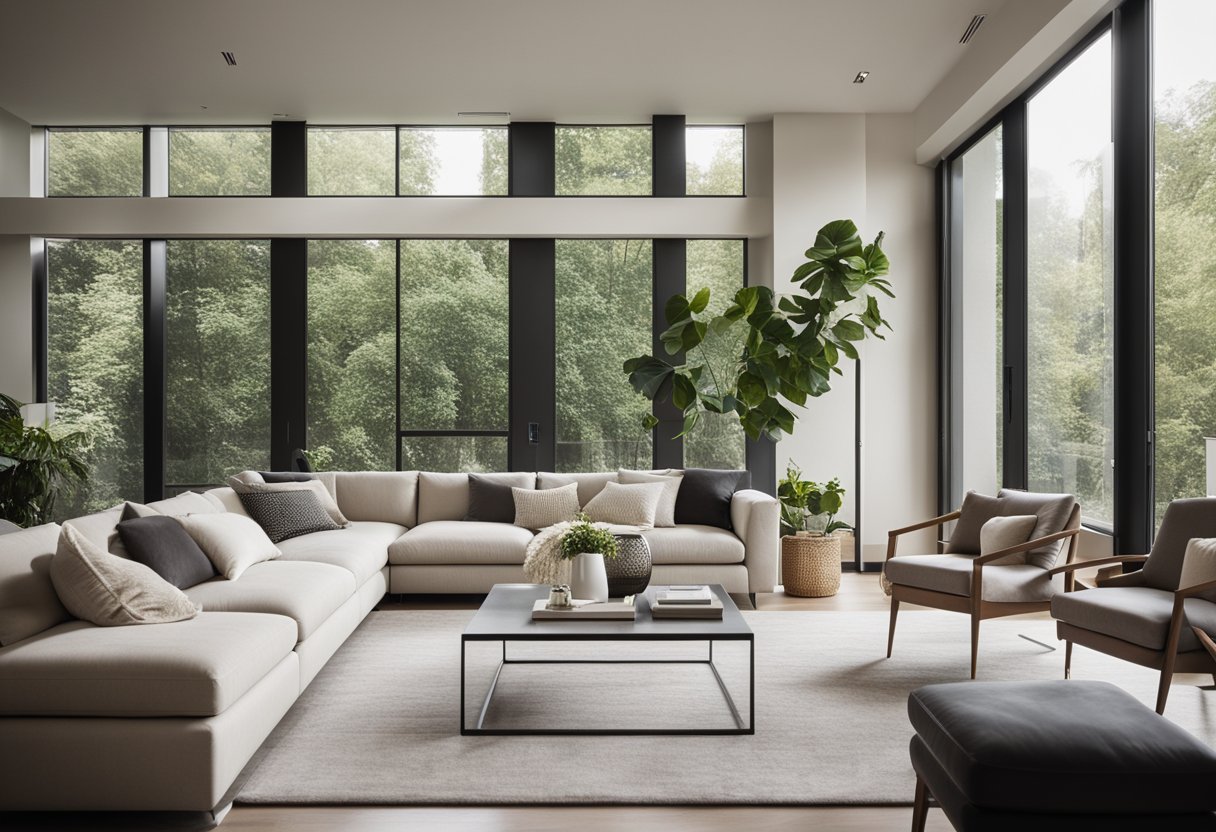 A modern living room with sleek furniture, soft neutral tones, and natural light streaming in through large windows