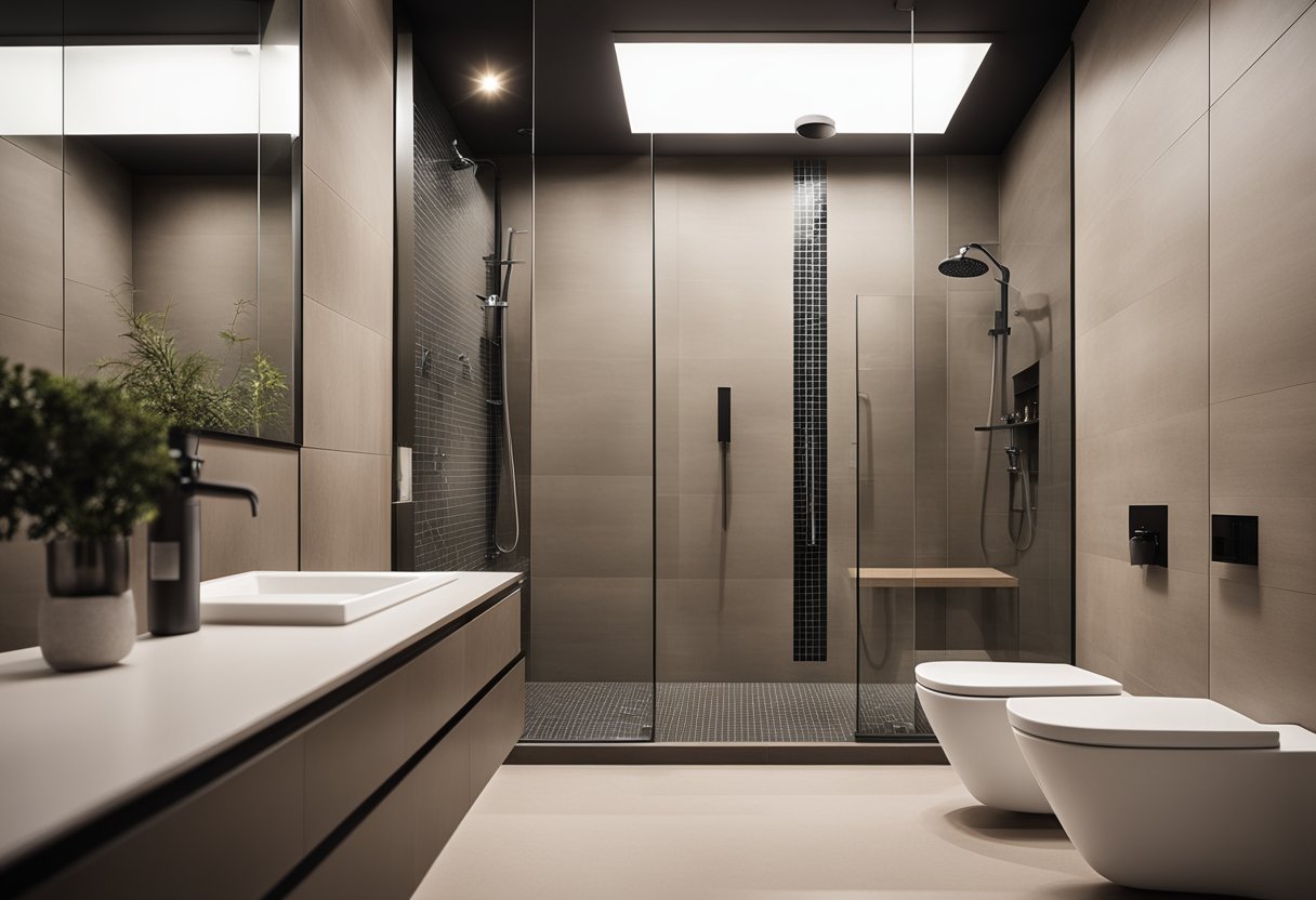 A modern bathroom with sleek fixtures, a spacious shower, and minimalist decor. The walls are tiled in neutral tones, and the lighting is soft and warm