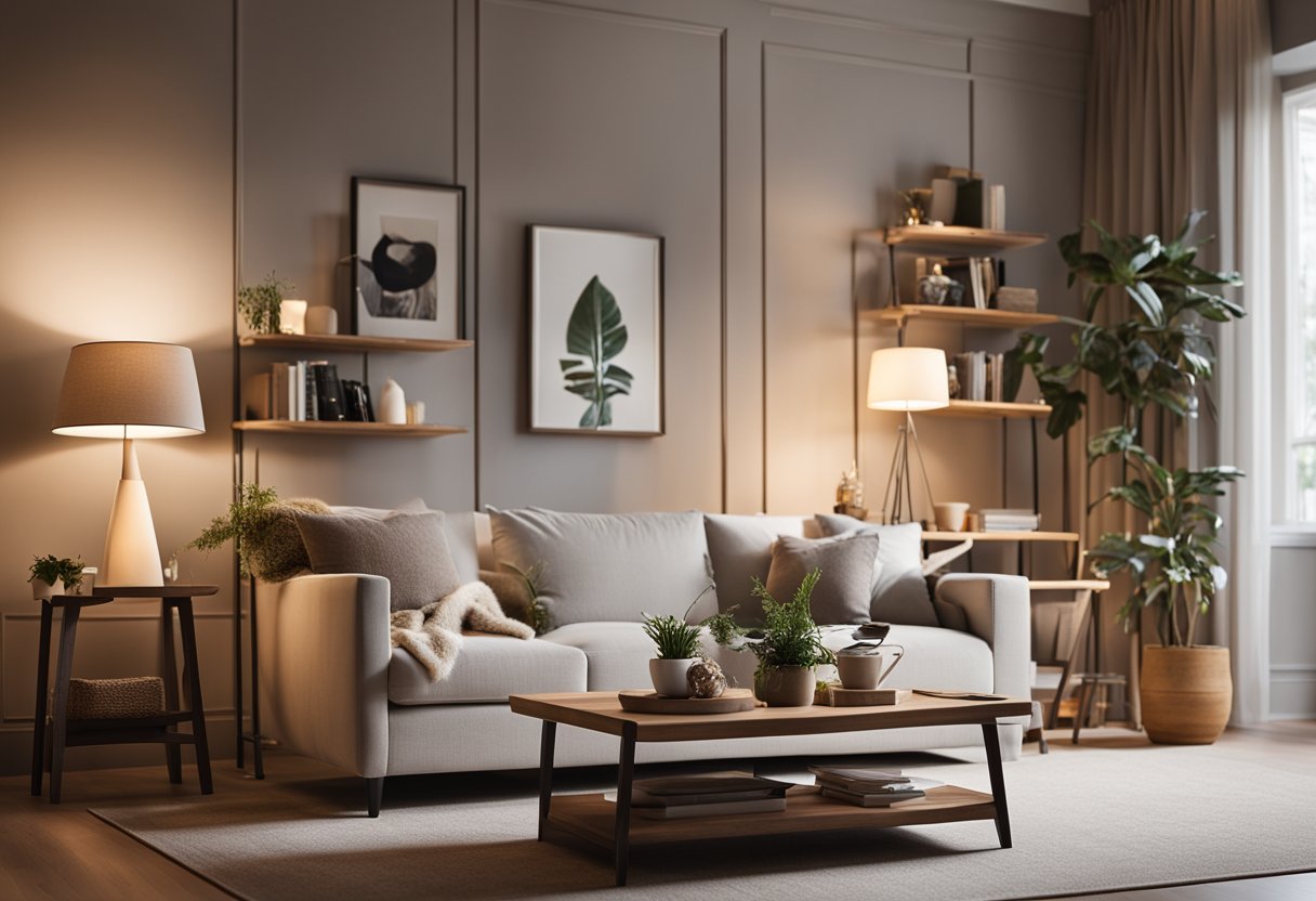 A cozy living room with a small sofa, coffee table, and bookshelf. Soft lighting and a neutral color scheme create a warm and inviting atmosphere