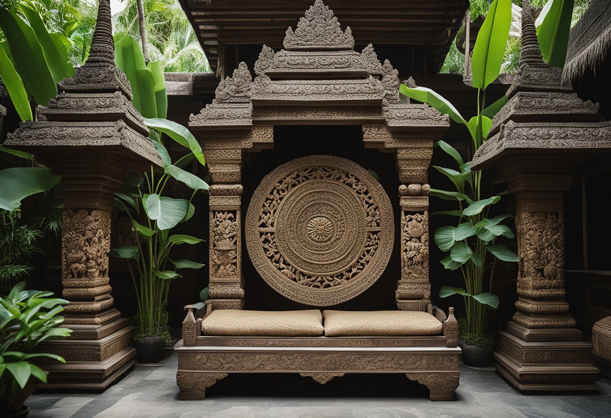 A serene Balinese interior with intricate wood carvings, lush greenery, and traditional batik textiles. The space exudes a sense of tranquility and cultural richness