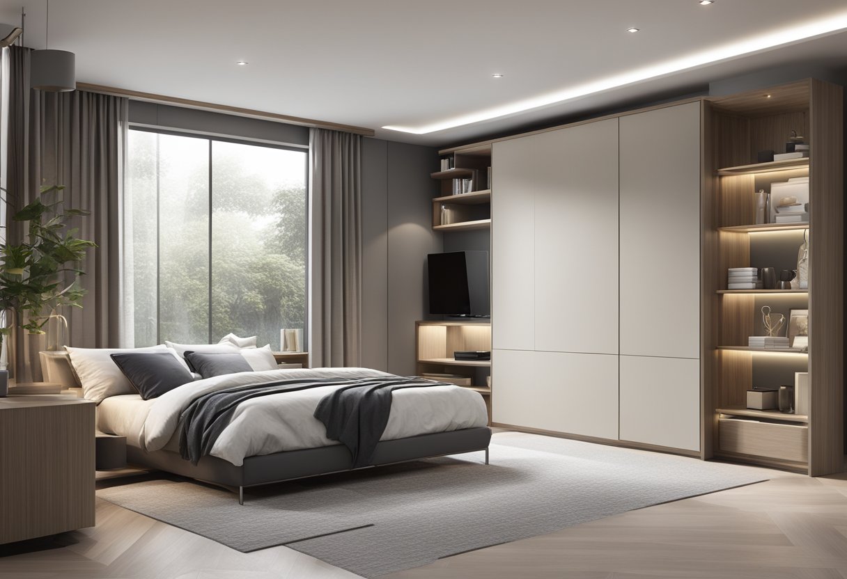 A spacious bedroom with a sleek, modern cupboard design. Clean lines, neutral colors, and integrated lighting create a functional and aesthetically pleasing storage solution
