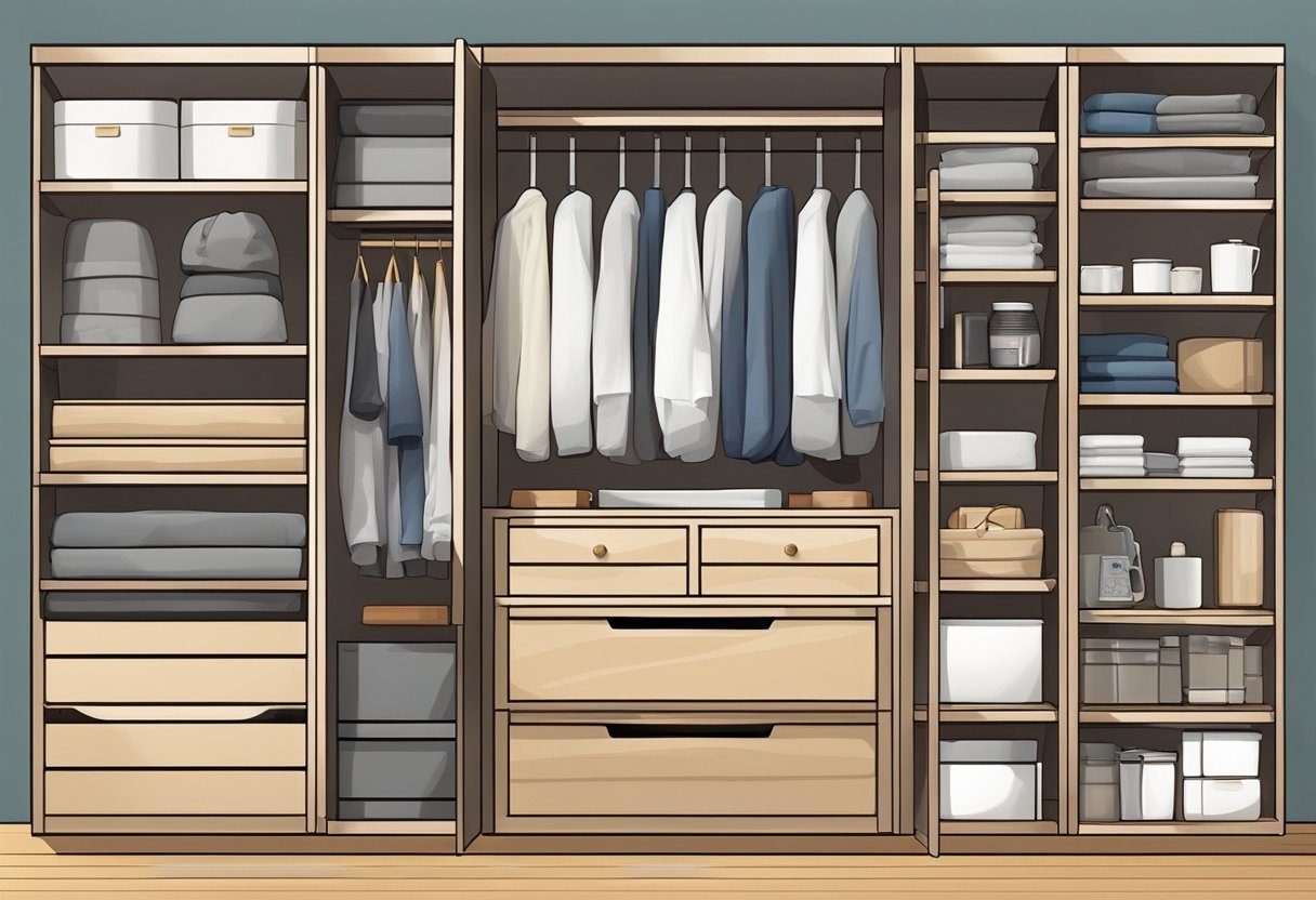 A neatly organized bedroom cupboard with various shelves, compartments, and drawers, showcasing different designs and styles