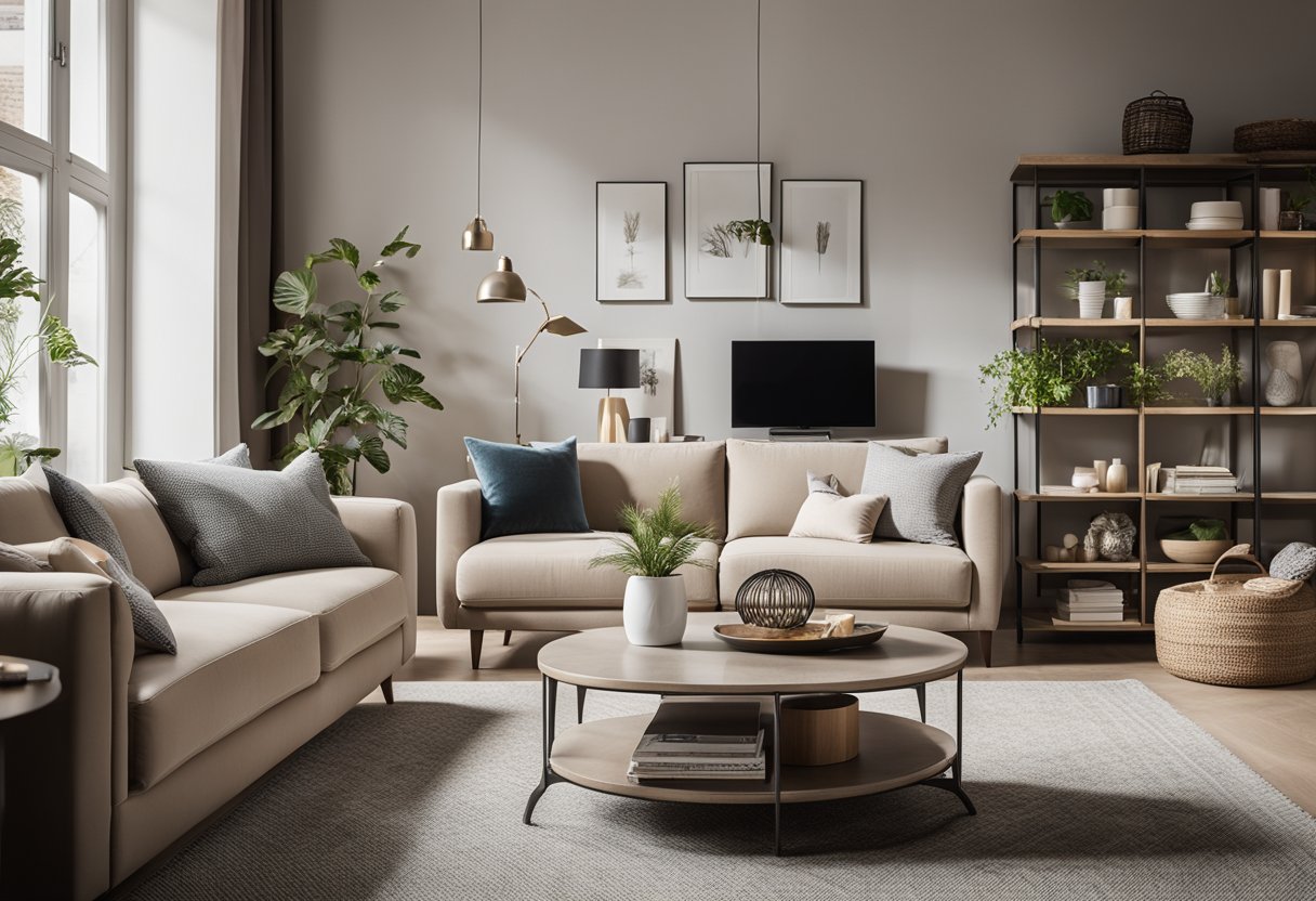 A cozy living room with clever storage solutions, modern furniture, and a neutral color palette. The space feels open and stylish