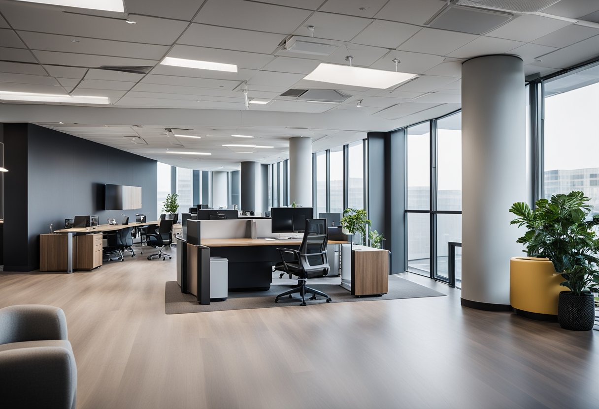 A modern commercial office space with sleek furniture, large windows, and a minimalist color scheme. The space features open work areas, private meeting rooms, and a reception area with contemporary decor