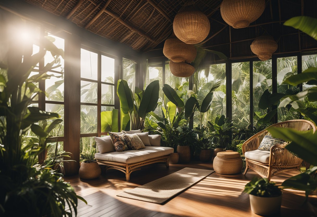 A cozy Bali interior design studio with tropical plants, rattan furniture, and colorful textiles. Sunlight streams in through large windows, casting a warm glow over the space