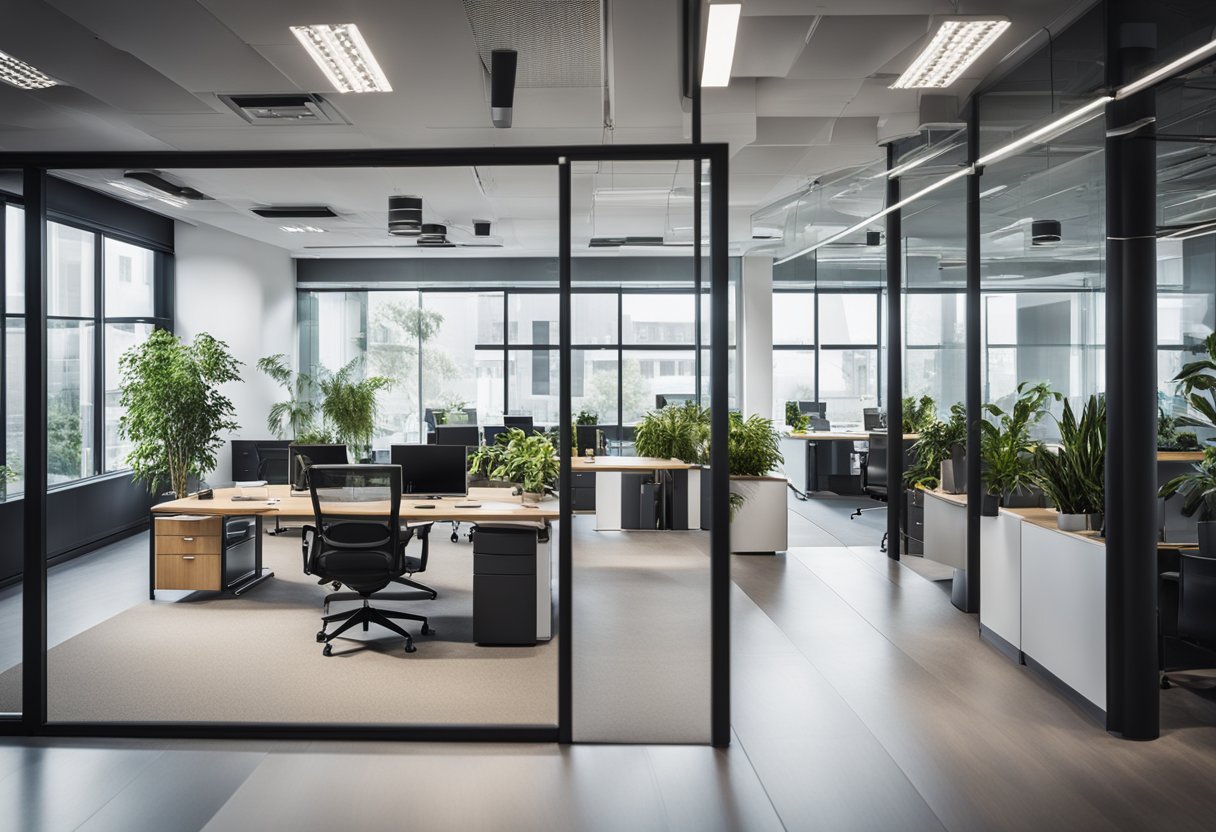 A spacious, well-lit office with modern furniture and ergonomic workstations. Glass partitions create private meeting areas, while plants and artwork add a touch of warmth