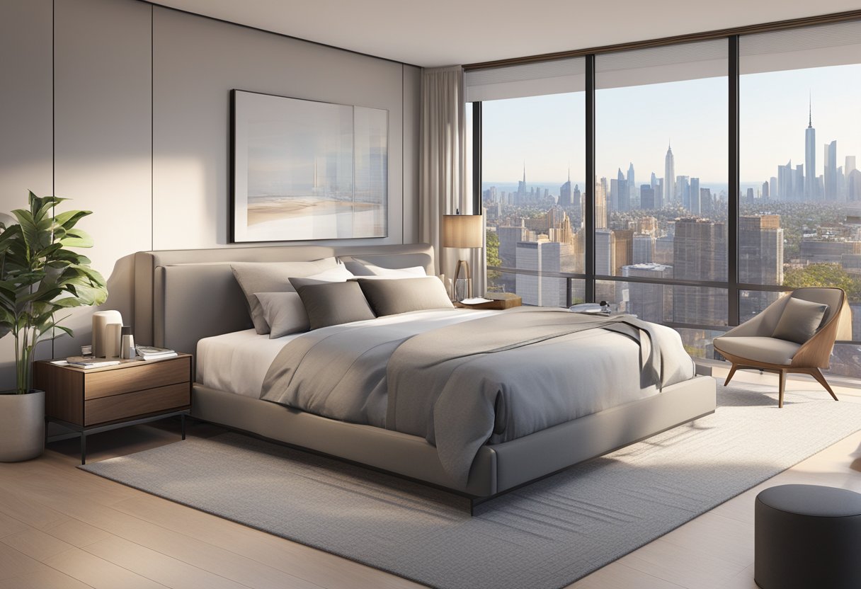 A modern bedroom with a sleek platform bed, minimalist furniture, and large windows overlooking the city skyline. A neutral color palette with pops of vibrant accents