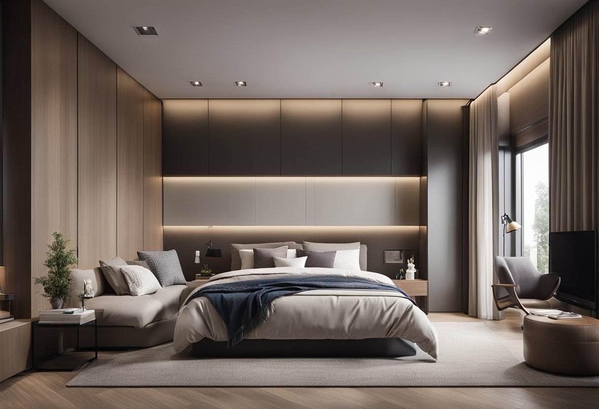A spacious bedroom with a large bed centered against a feature wall. A cozy reading nook with a comfortable chair and floor lamp. A walk-in closet with sliding doors