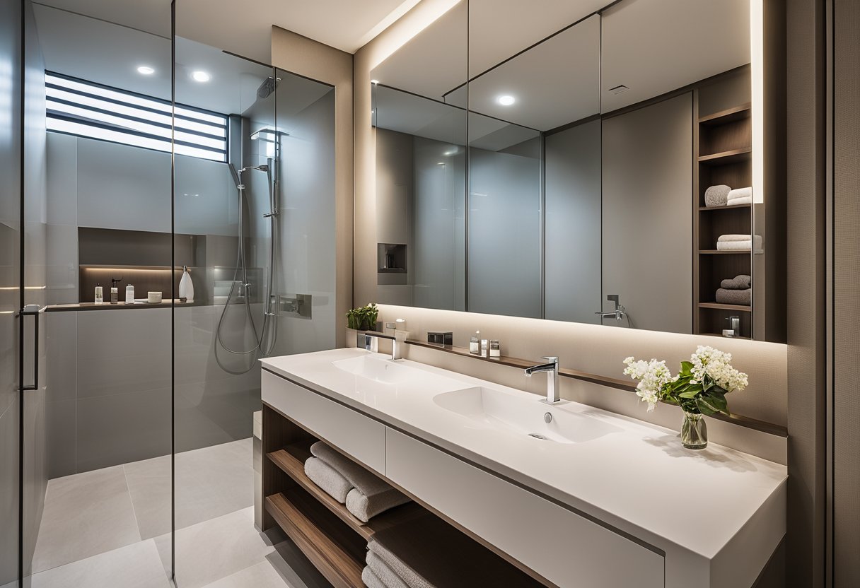 A modern HDB bathroom with sleek fixtures, a spacious shower area, and a stylish vanity. The walls are tiled in a neutral color, and there is ample natural light coming in through a frosted window