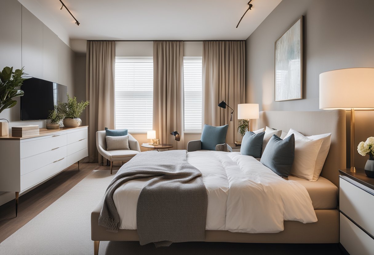 A spacious bedroom with a king-sized bed, a cozy reading nook by the window, and a sleek, modern dresser against the wall. The room features soft, neutral colors and warm lighting