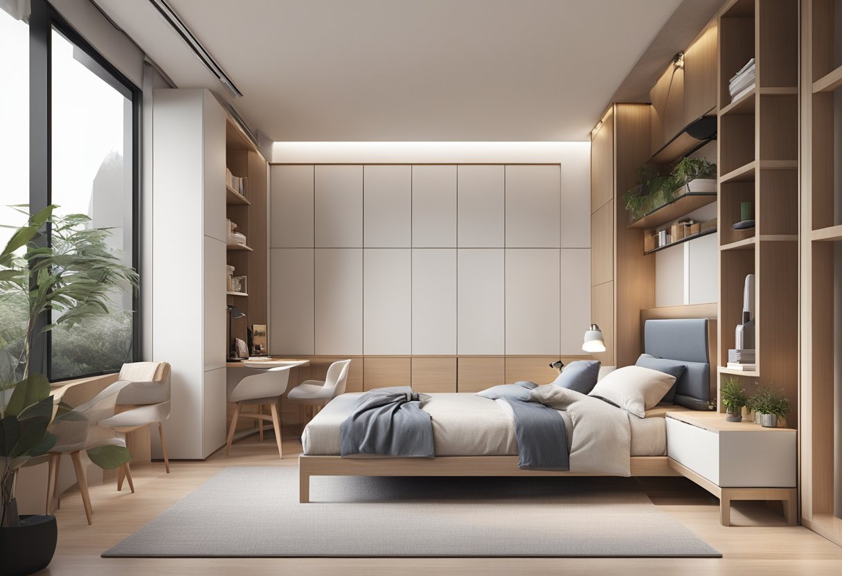 A bedroom in Singapore with a minimalist design, featuring built-in storage solutions and multi-functional furniture to maximize space