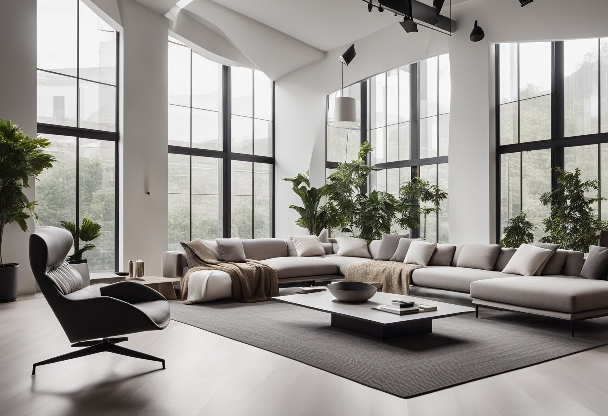 A modern, minimalist interior with clean lines, neutral colors, and sleek furniture. Large windows let in natural light, showcasing the designer's attention to detail and use of space
