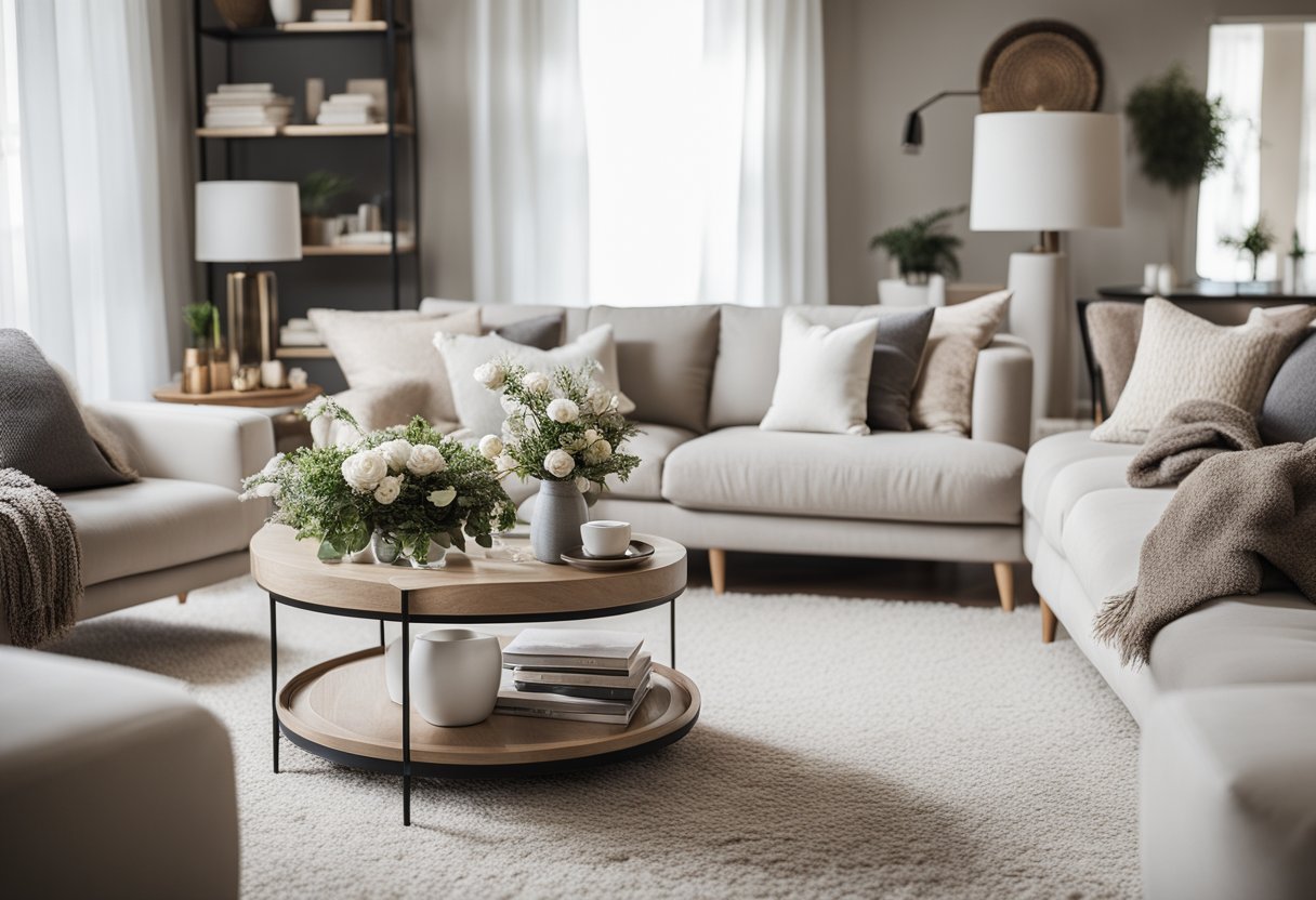 A cozy living room with a neutral color palette, adorned with decorative throw pillows, a stylish area rug, and a modern coffee table