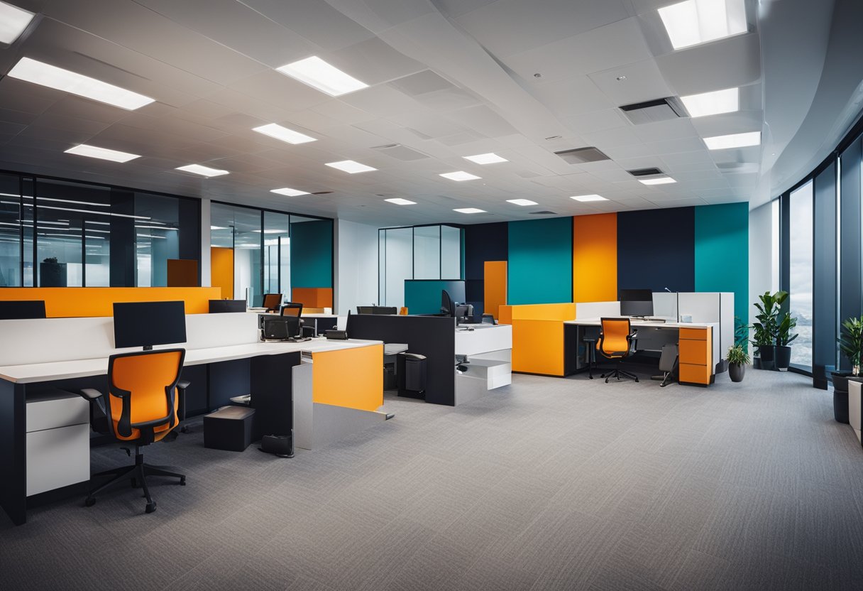 A team of workers renovates a modern commercial office space with sleek furniture and vibrant accent colors