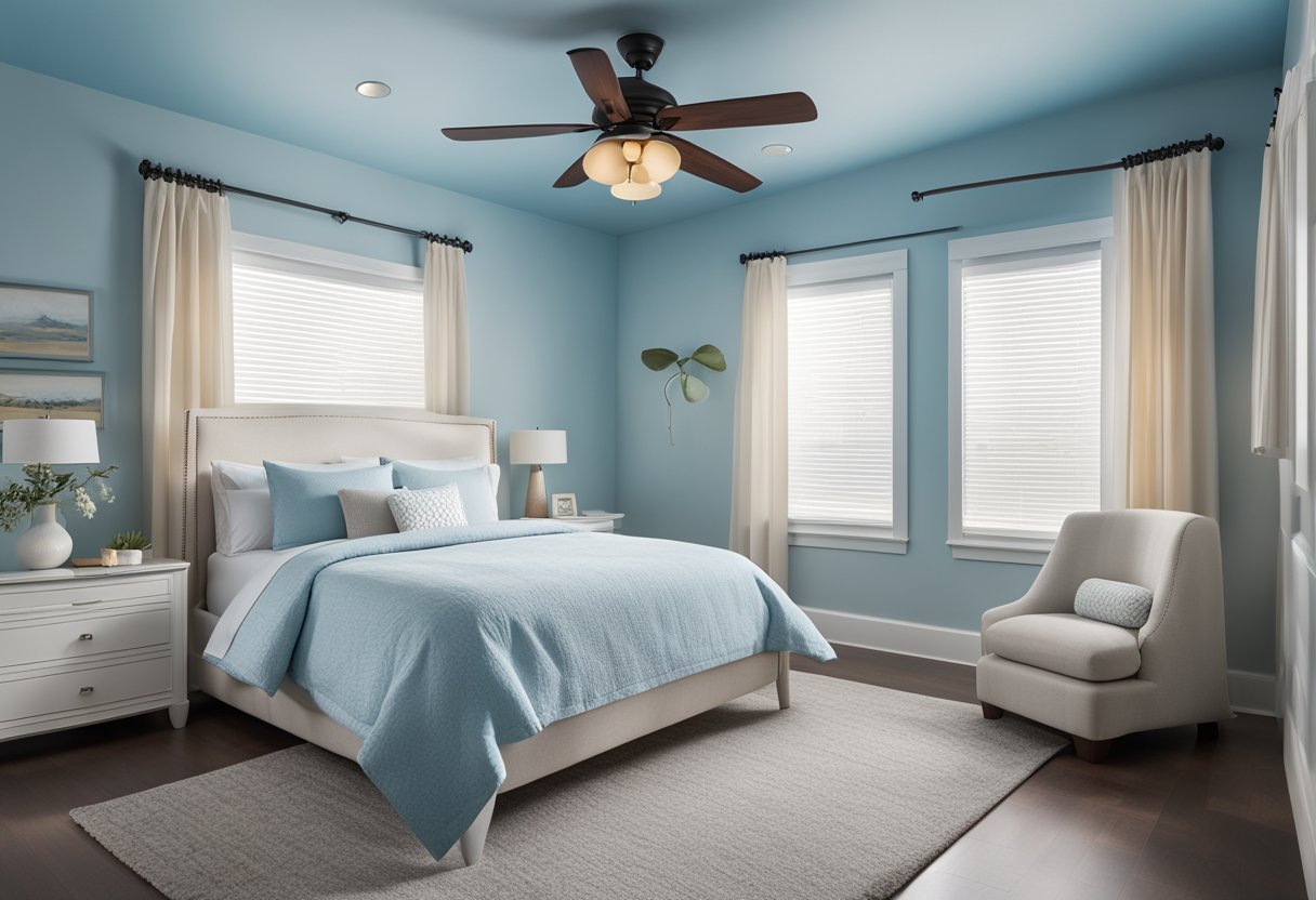 A bedroom with a queen-sized bed, two nightstands, a dresser, and a window with curtains. The walls are painted a light blue color, and there is a ceiling fan hanging from the center