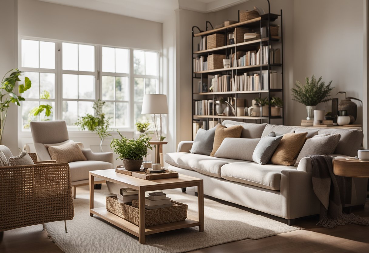 A cozy living room with a neutral color scheme, a comfortable sofa, a small coffee table, and a bookshelf filled with books and decorative items. The room is well-lit with natural light streaming in from a large window