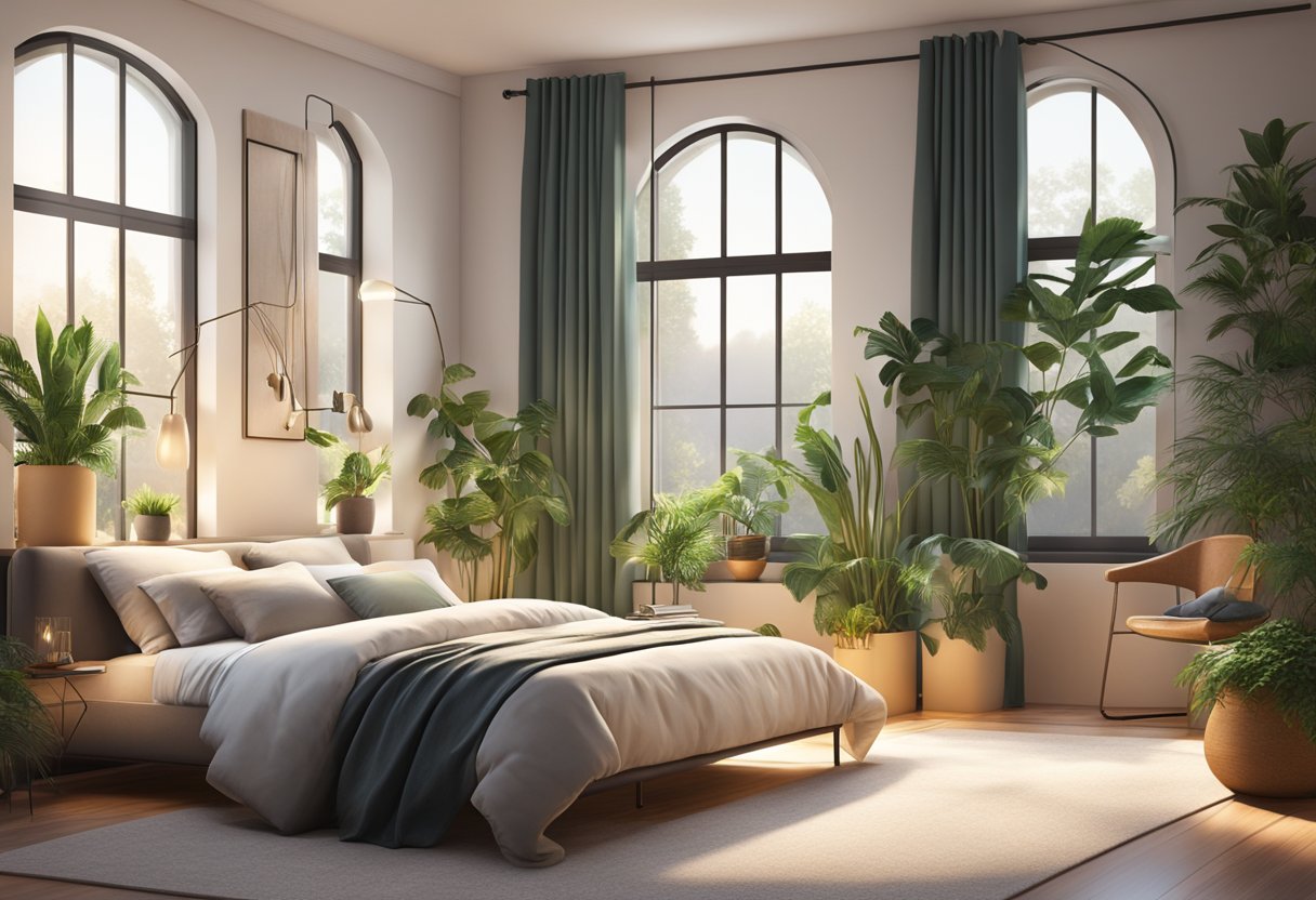 A cozy bedroom with warm lighting, plush bedding, and a sleek, modern design. A large window lets in natural light, while potted plants add a touch of greenery