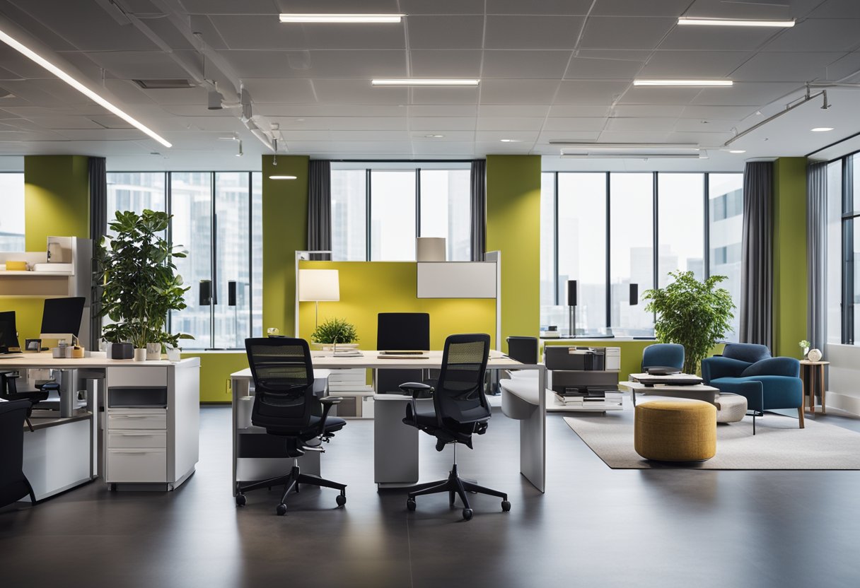 A modern, spacious office with sleek furniture, large windows, and vibrant decor. A reception area with a welcoming desk and comfortable seating. Multiple workstations with ergonomic chairs and organized storage