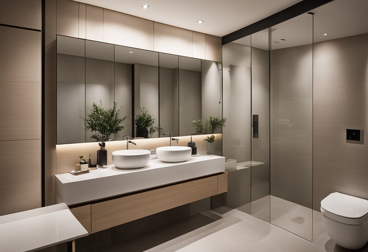 A sleek, modern HDB bathroom with clean lines, minimalist fixtures, and a focus on functionality. The finishing touches include subtle lighting, a sleek mirror, and carefully chosen accessories