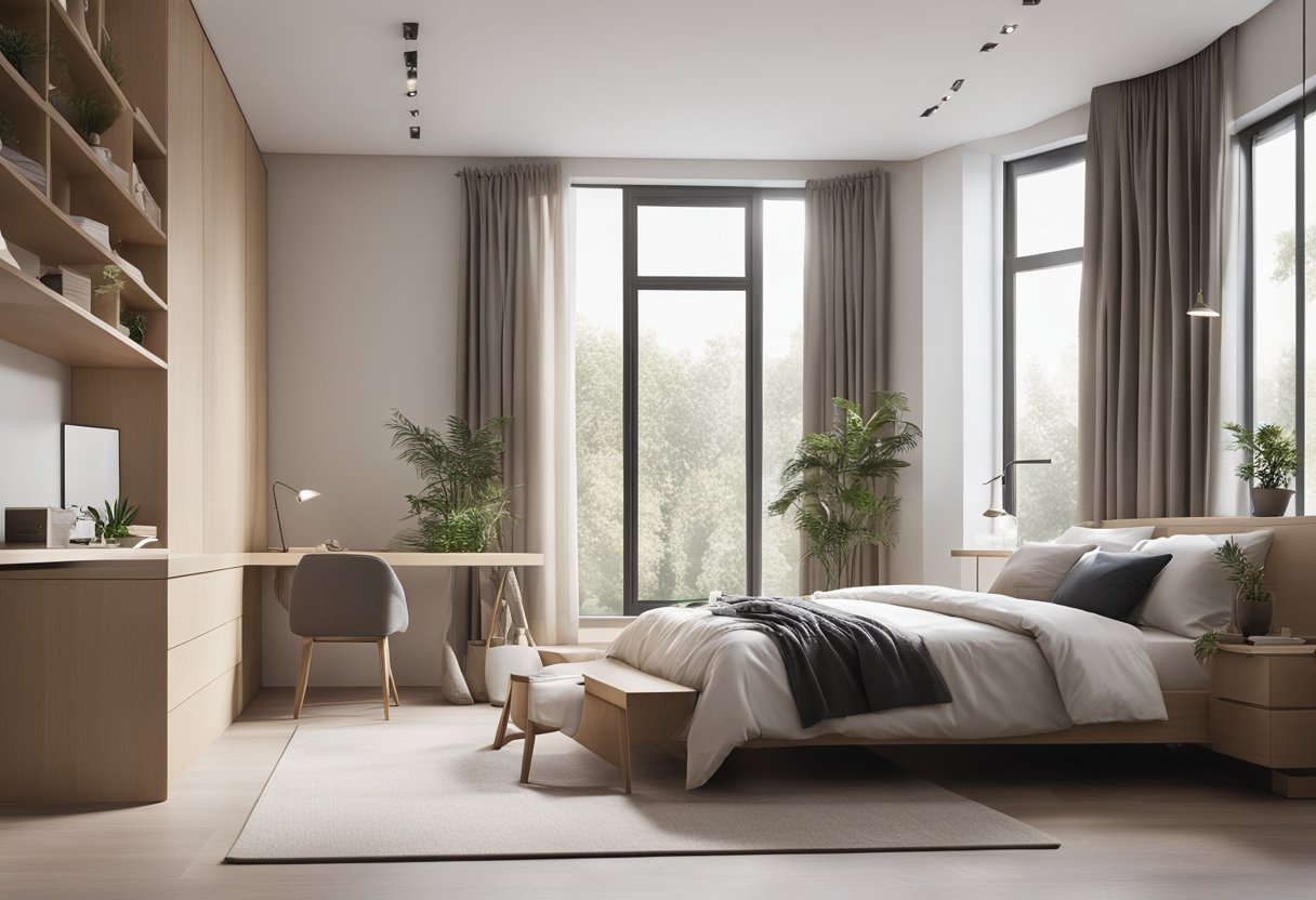 A spacious bedroom with a large window, a cozy reading nook, and a built-in wardrobe. The room is bathed in natural light, with soft, neutral colors and modern, minimalist furniture