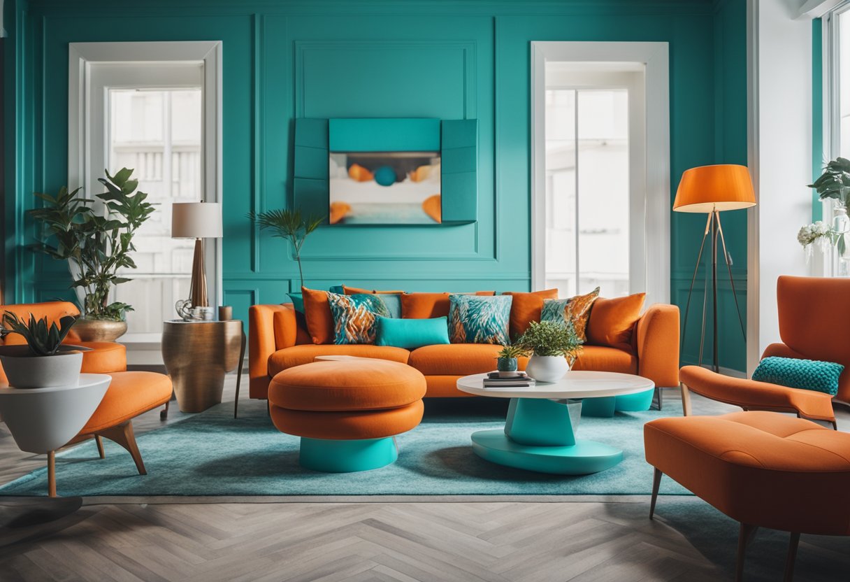 The room is decorated in vibrant turquoise and orange hues, with matching furniture and accents creating a bold, modern interior design