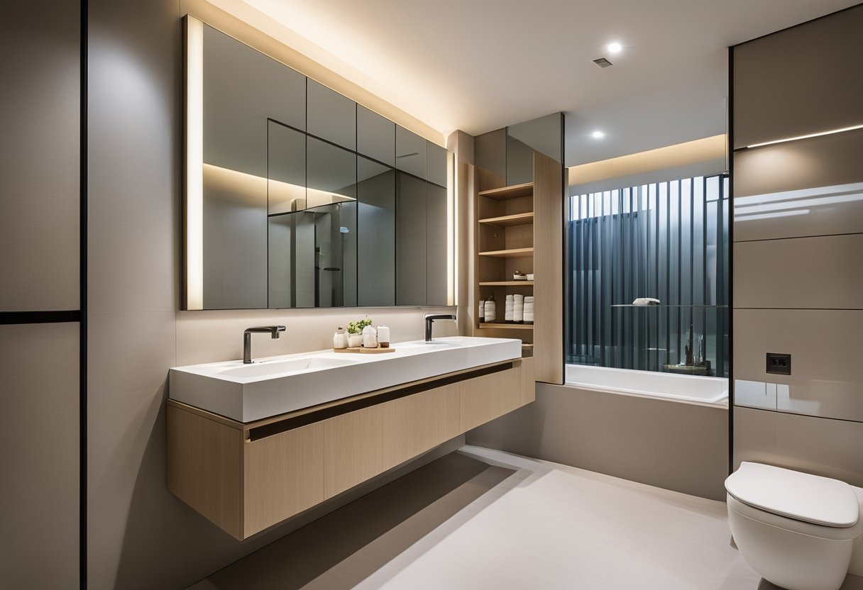 A modern HDB bathroom with sleek fixtures and ample storage, featuring a clean and minimalist design with neutral colors and natural lighting