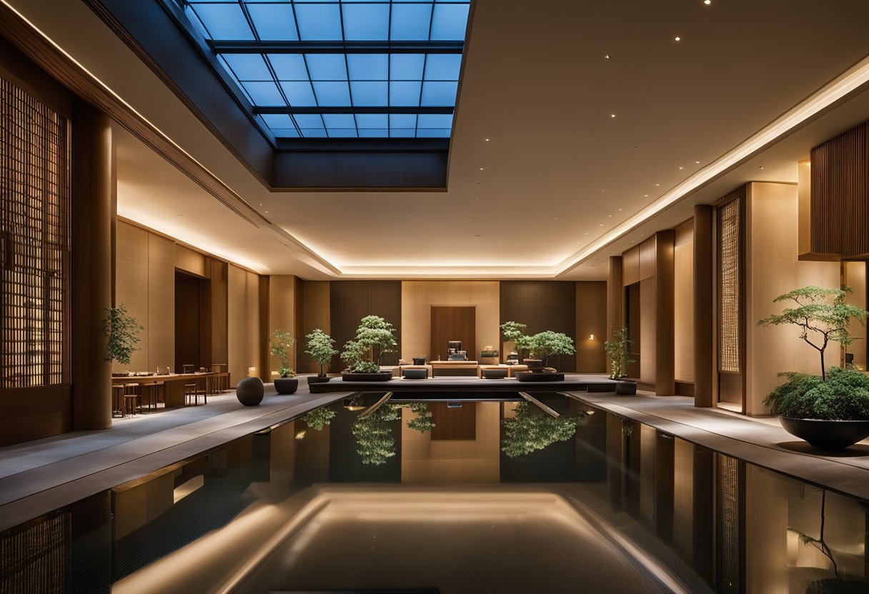 The grand lobby of Aman Tokyo blends modern design with traditional Japanese elements, featuring a harmonious interplay of clean lines, natural materials, and subtle lighting