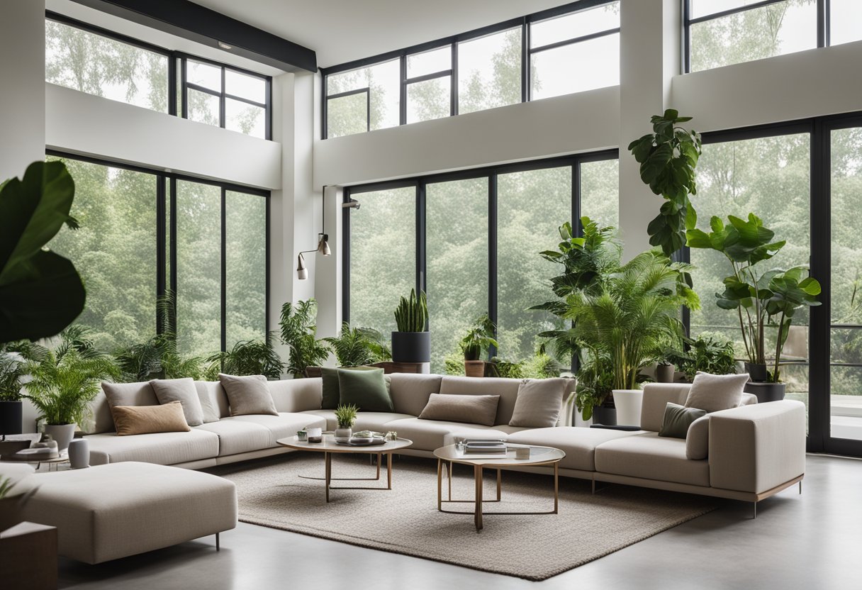 A modern living room with sleek furniture, clean lines, and a neutral color palette. Large windows let in natural light, and green plants add a touch of nature to the space