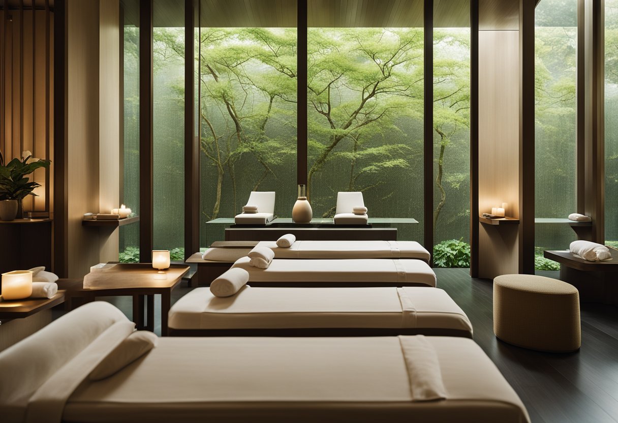 The serene Aman Tokyo spa exudes tranquility with minimalist design, natural materials, and soft lighting, creating an atmosphere of indulgence and wellbeing