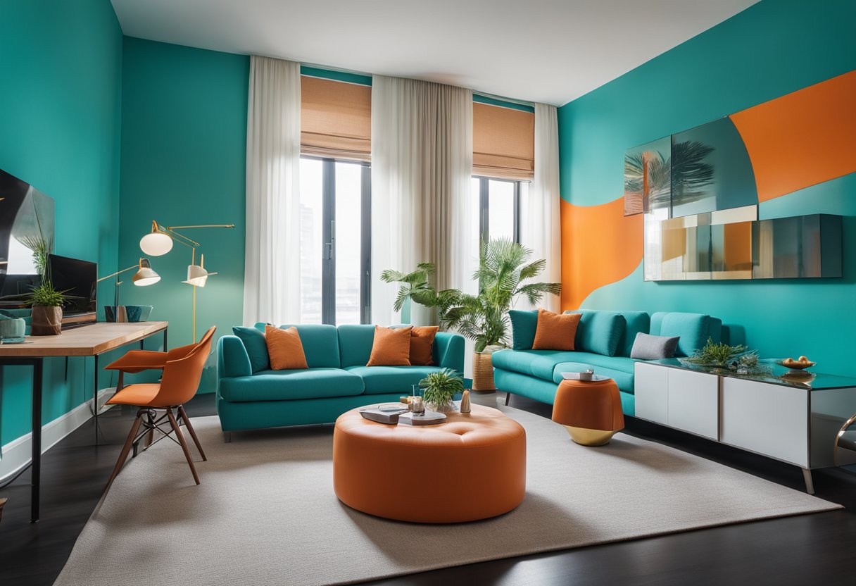 A room with turquoise walls and orange accents, featuring modern furniture and abstract art