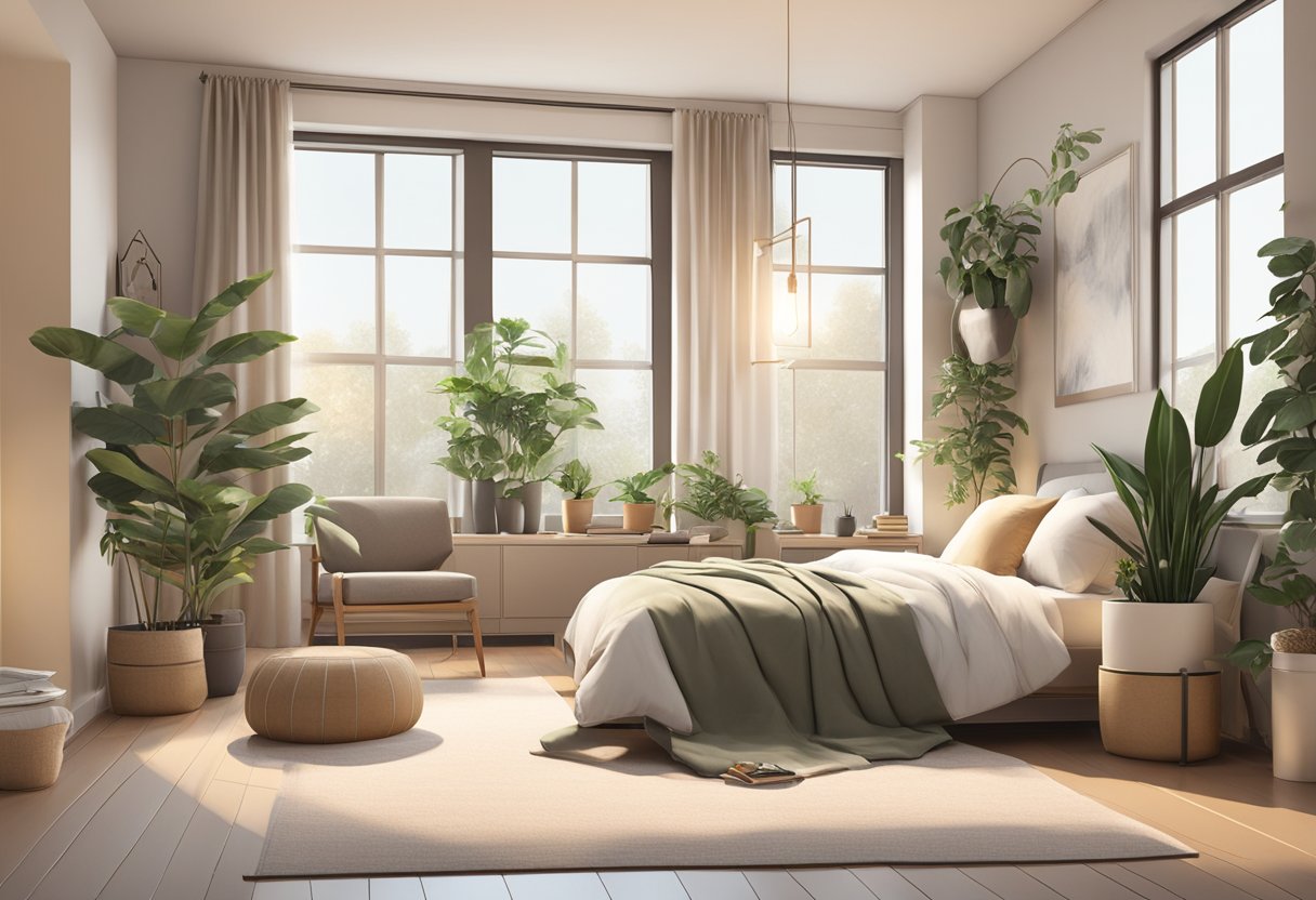 A cozy bedroom with modern furniture, soft lighting, and a neutral color palette. A large window allows natural light to fill the room, and potted plants add a touch of greenery