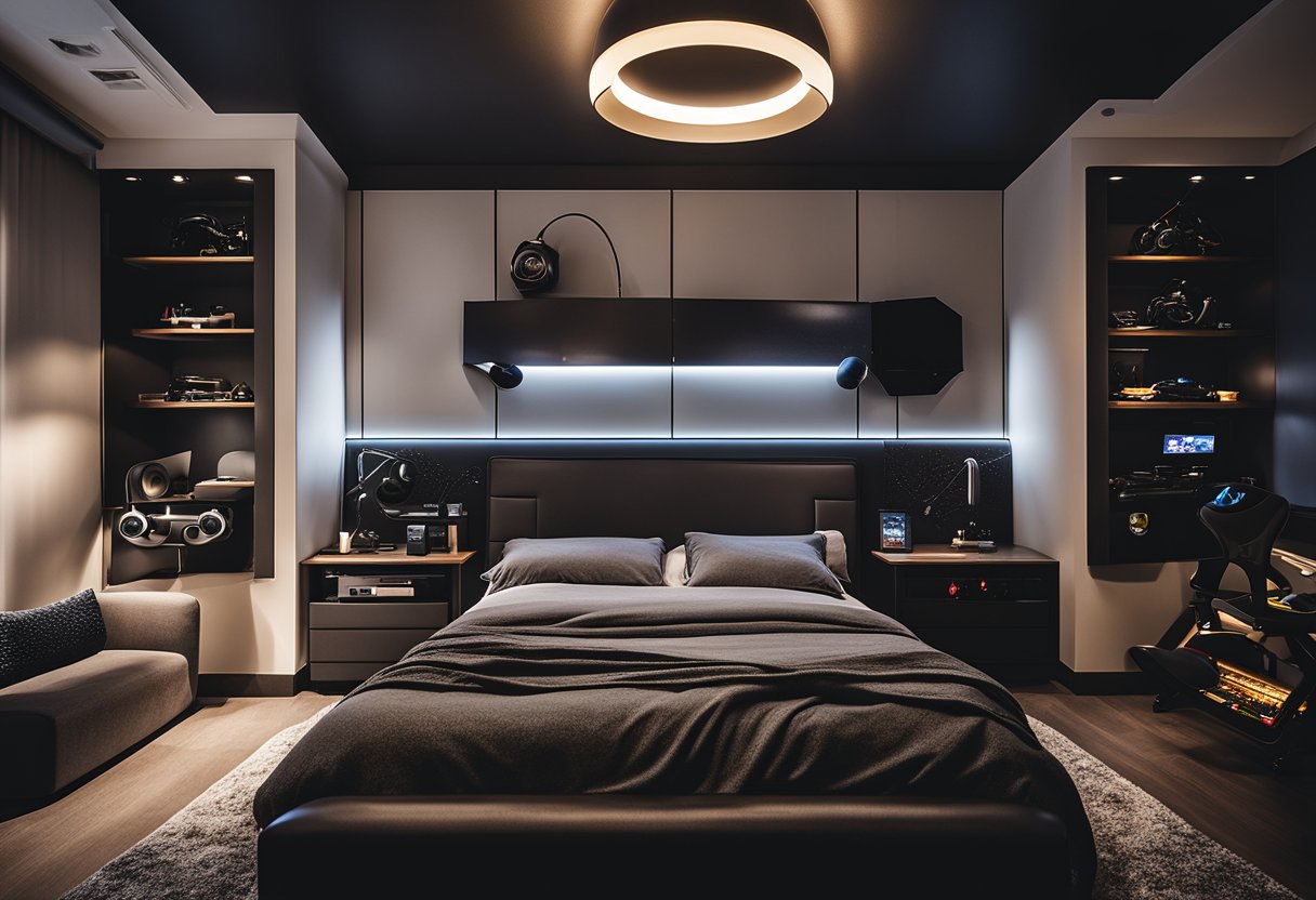 A modern bedroom with a loft bed, a gaming setup, and sports memorabilia on the walls. Dark, neutral colors with pops of bright accents