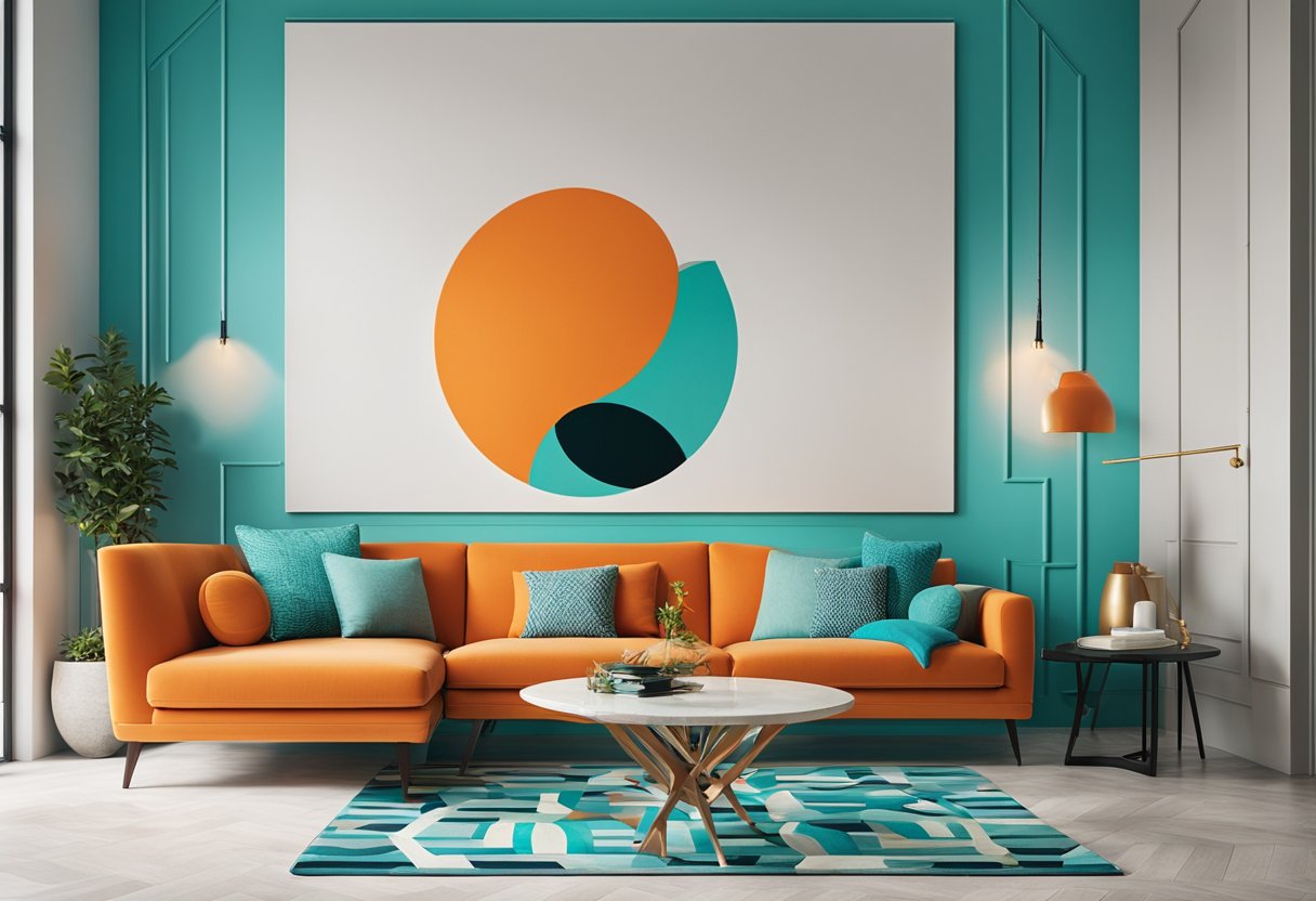 A bright turquoise room with orange accents, featuring a sleek modern sofa, geometric patterned rug, and bold abstract artwork on the walls