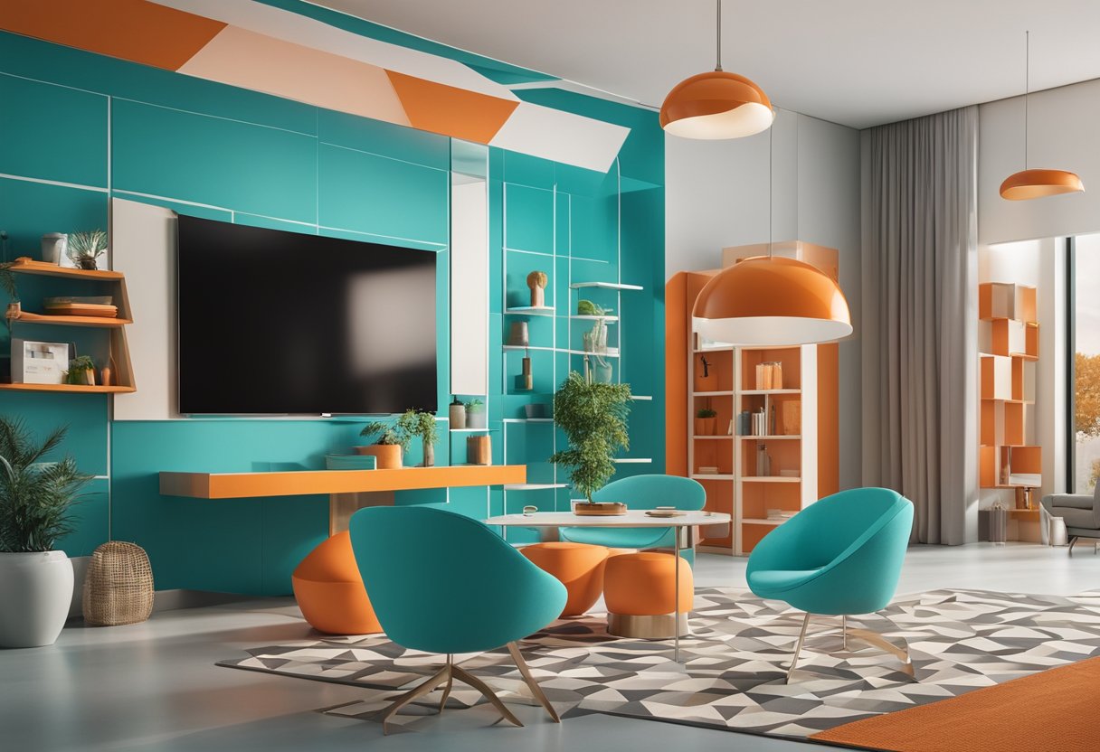 A bright turquoise and orange room with modern furniture and geometric patterns. FAQ signage and helpful information displayed throughout the space