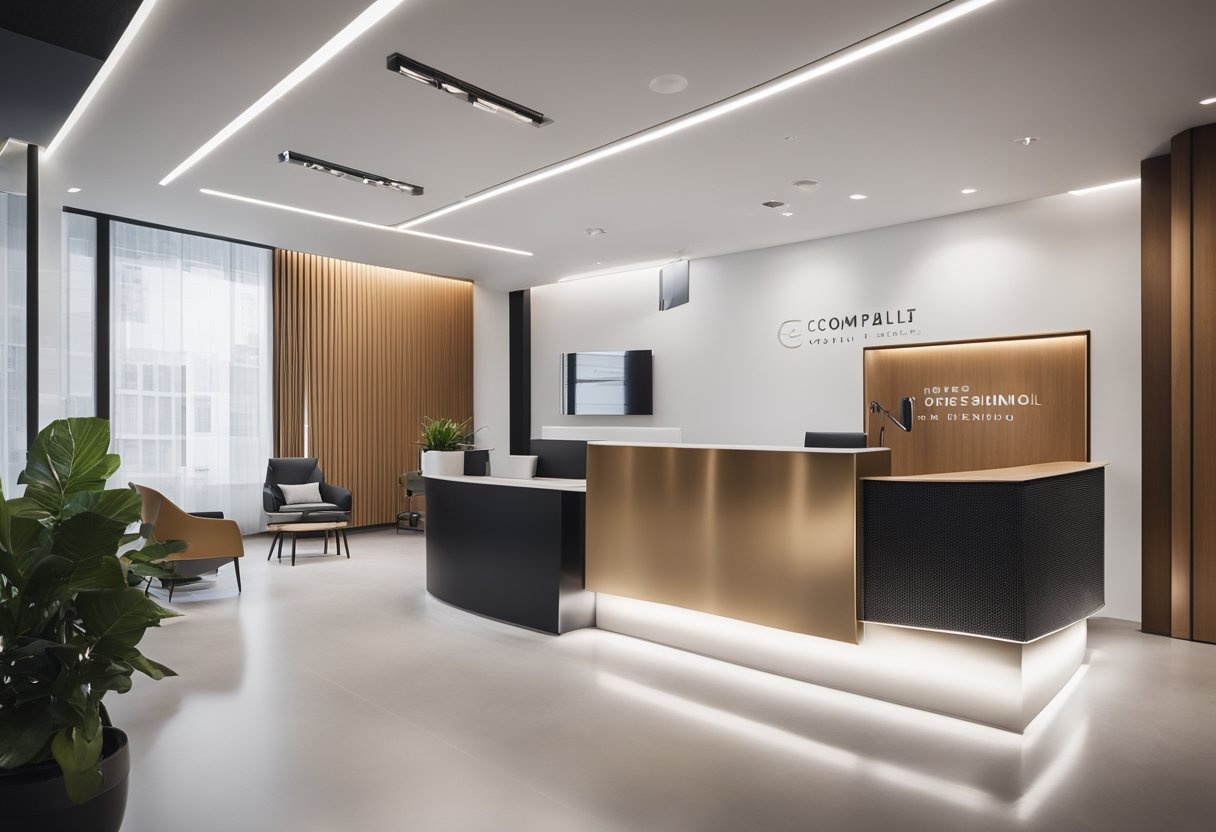 A sleek, modern interior with clean lines and minimalist decor. A reception desk with the company logo, comfortable seating, and a display of design samples