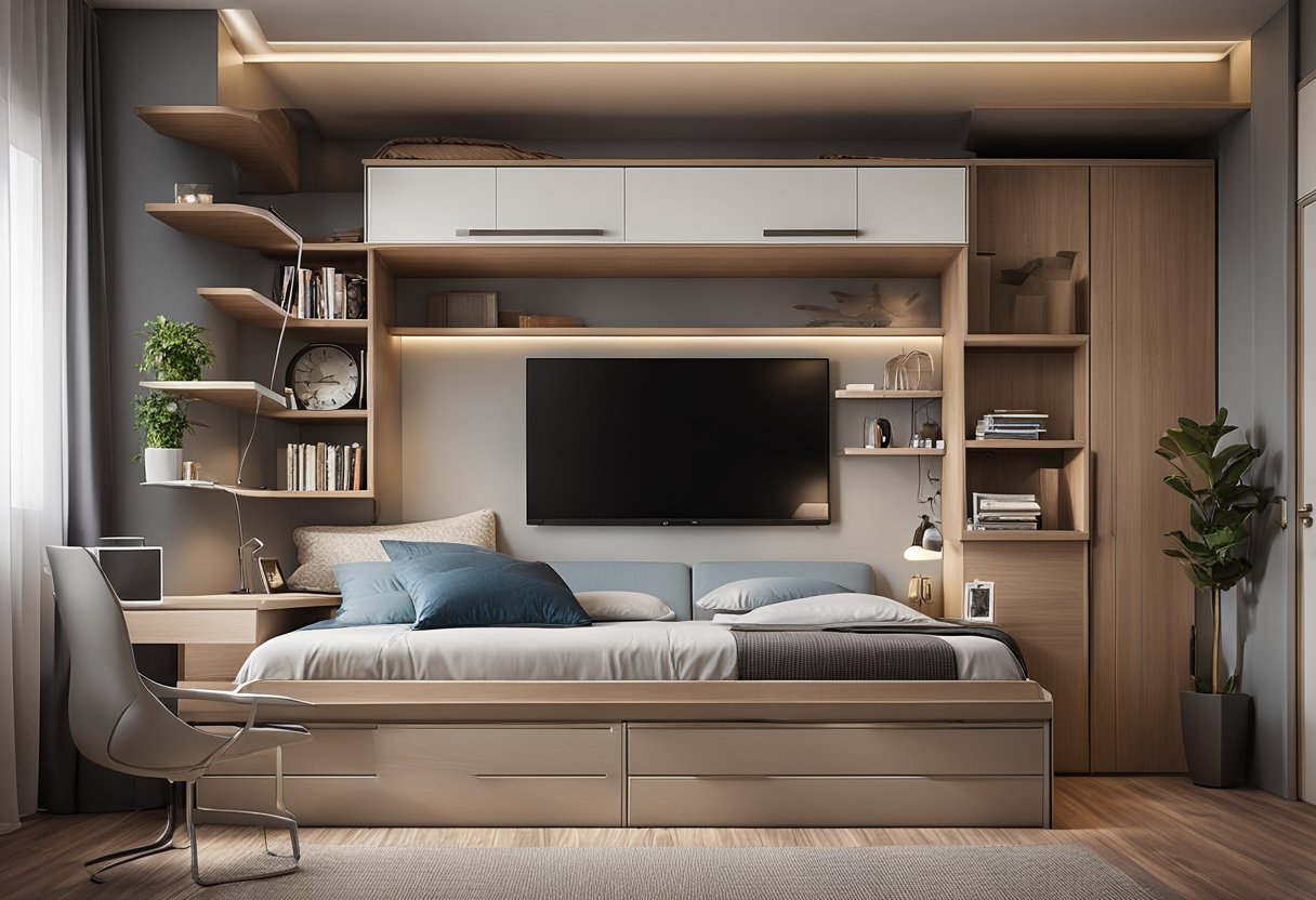 A bedroom with built-in shelves, under-bed storage, and a loft bed with a desk and drawers underneath. A wall-mounted TV and a hanging chair create a modern, functional space