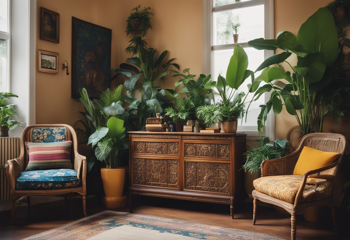 An eclectic mix of vintage furniture, colorful textiles, and exotic plants fill the room. A mix of cultural influences creates a cozy and artistic atmosphere