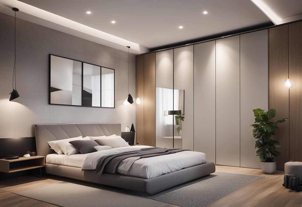 A bedroom with a modern wall wardrobe design, featuring sleek, minimalist lines and integrated lighting