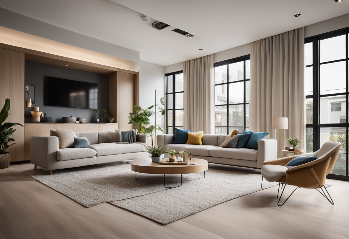 A modern living room with sleek furniture, neutral colors, and pops of vibrant accents. Large windows let in natural light, and a cozy rug ties the space together