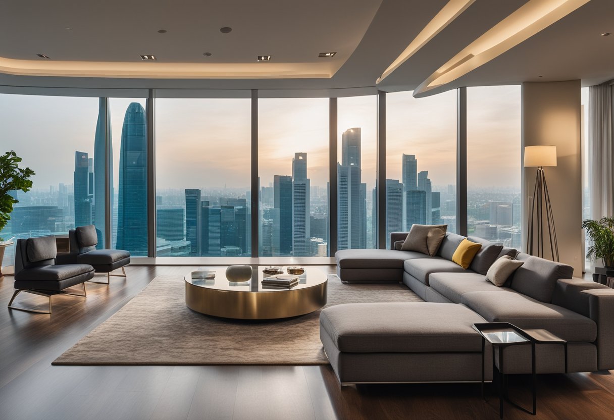 A spacious, well-lit living room with modern furniture and a panoramic view of the Singapore skyline through floor-to-ceiling windows